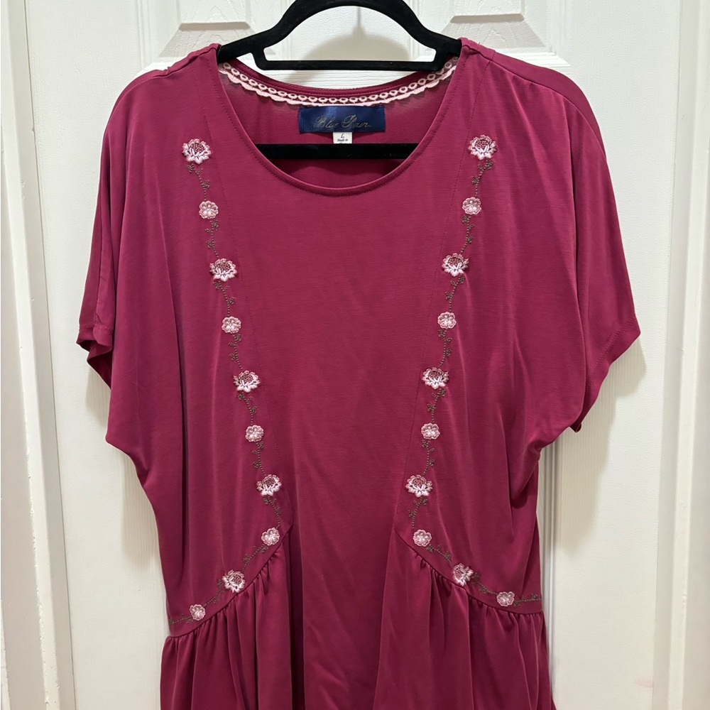 Blue Rain Pink Peplum Top with Embroidered Flowers